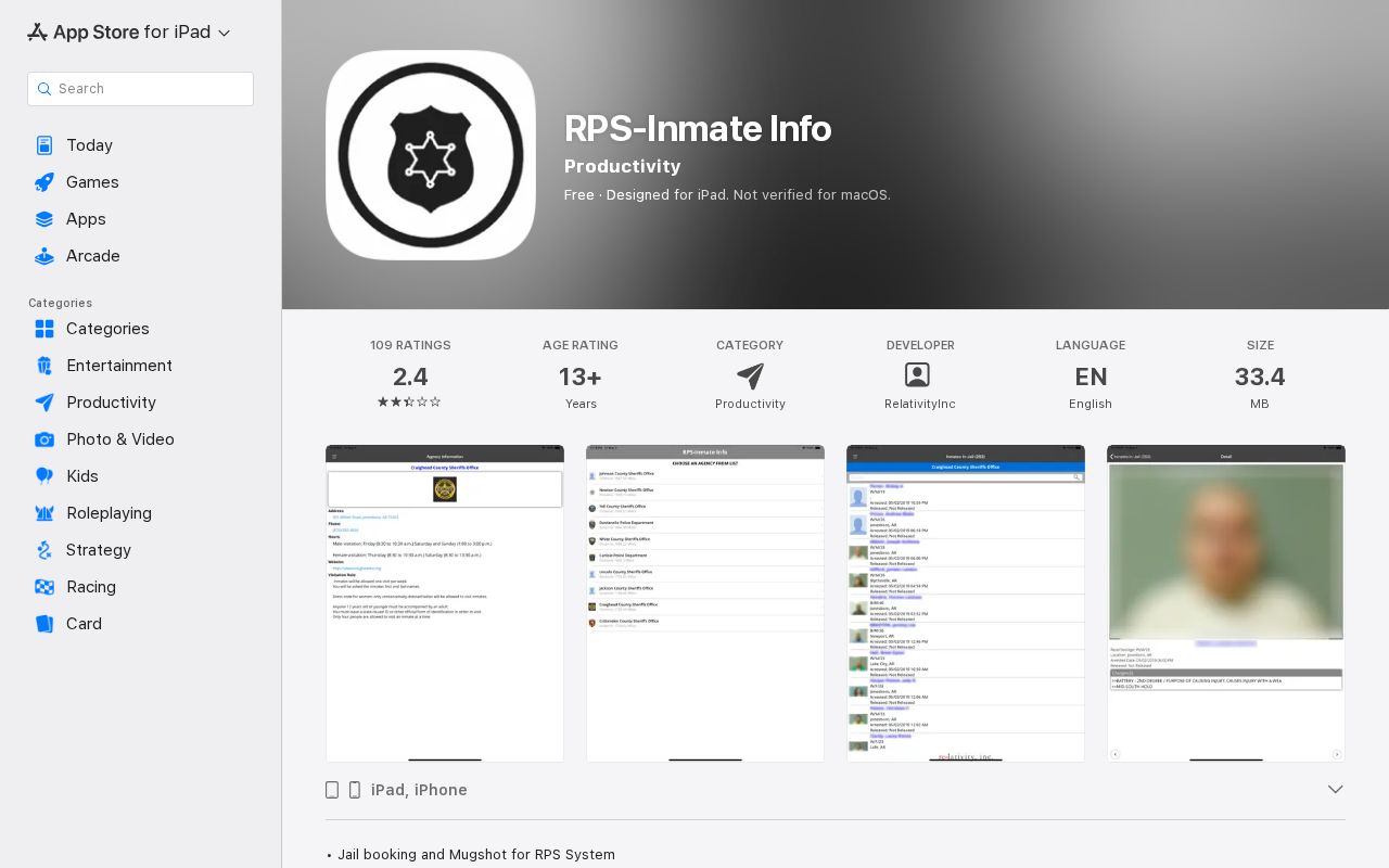 RPS-Inmate Info app listing used by Searcy County