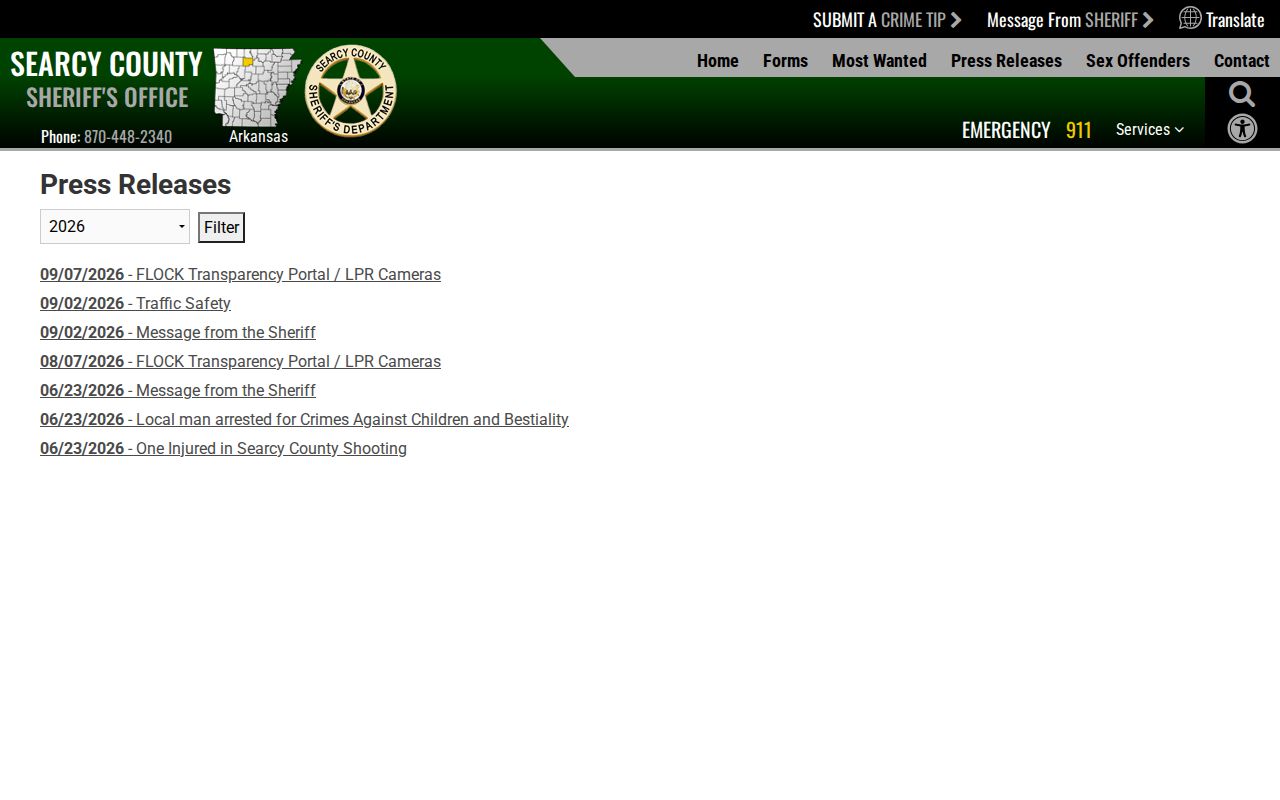 Searcy County Sheriff press release archive interface