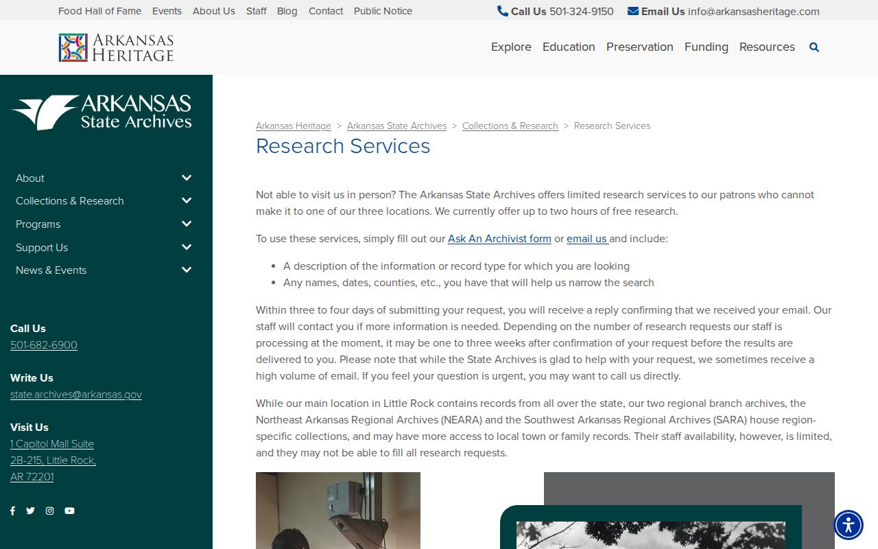 Arkansas State Archives research services page