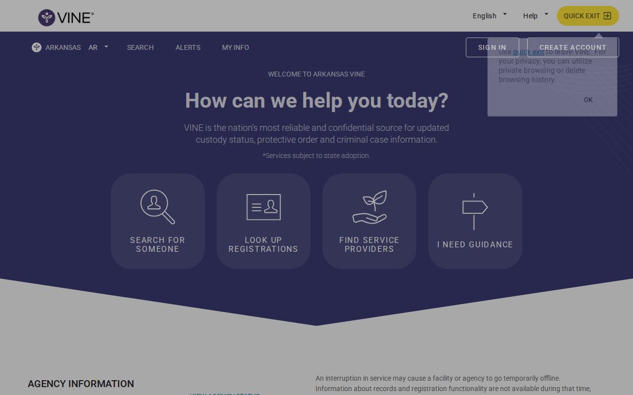 Blank Arkansas VINELink custody search interface
