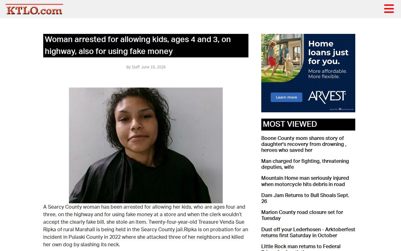 Regional KTLO story page concerning a Searcy County arrest